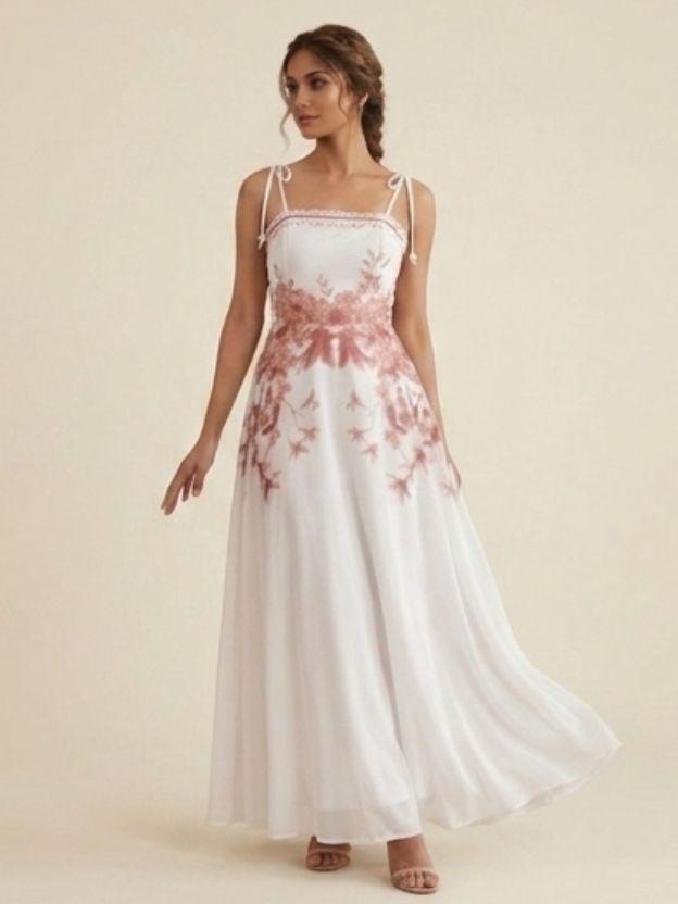 Floral Embroidered Maxi Dress with Adjustable Tie-Straps - Romantic Summer Sundress