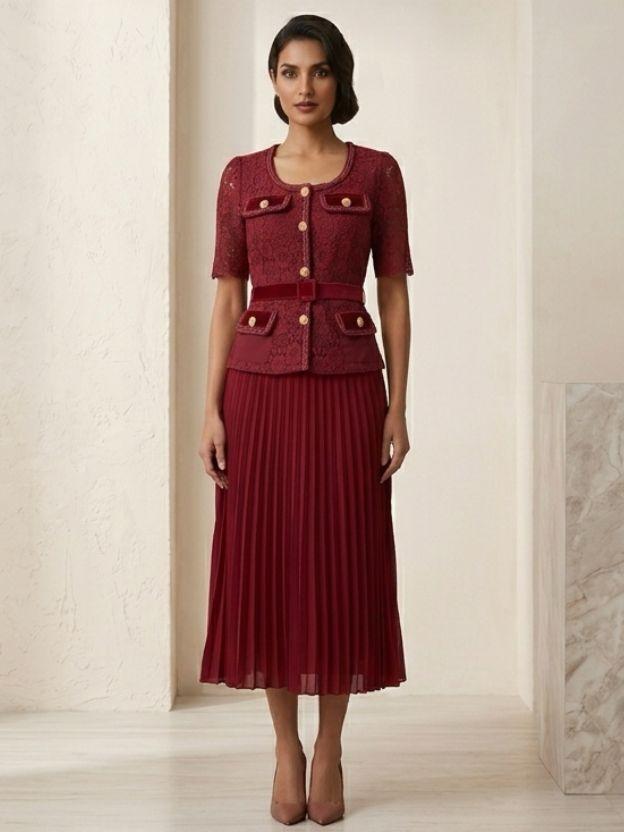 Women’s Lace Jacket and Pleated Midi Skirt Set with Belted Waist