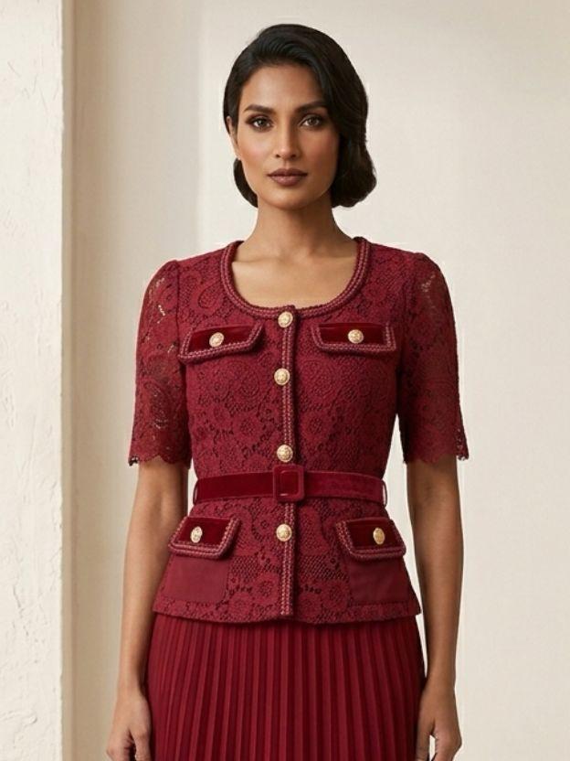 Women’s Lace Jacket and Pleated Midi Skirt Set with Belted Waist