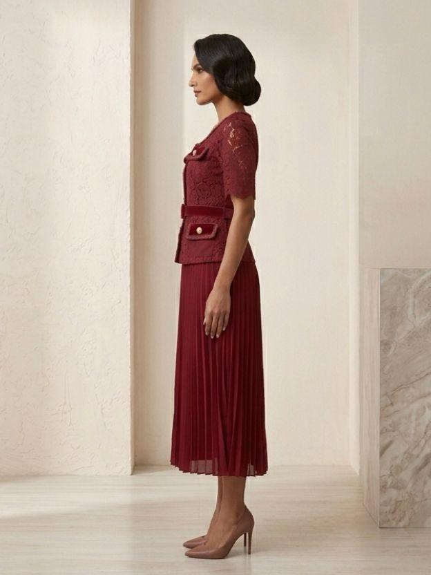 Women’s Lace Jacket and Pleated Midi Skirt Set with Belted Waist