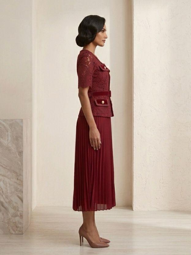 Women’s Lace Jacket and Pleated Midi Skirt Set with Belted Waist