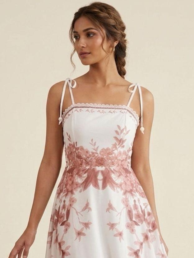 Floral Embroidered Maxi Dress with Adjustable Tie-Straps - Romantic Summer Sundress