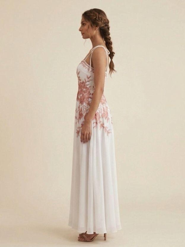 Floral Embroidered Maxi Dress with Adjustable Tie-Straps - Romantic Summer Sundress