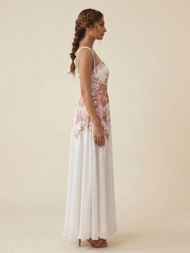 Floral Embroidered Maxi Dress with Adjustable Tie-Straps - Romantic Summer Sundress