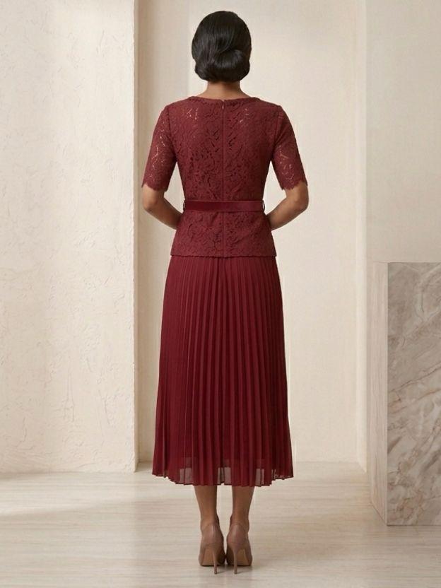 Women’s Lace Jacket and Pleated Midi Skirt Set with Belted Waist