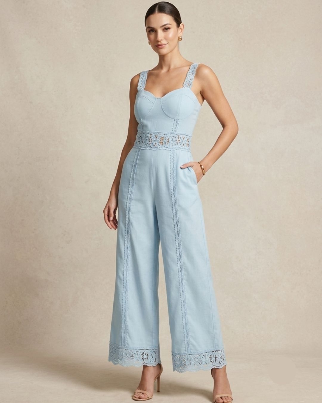 Marc Louis Women's Lace Detail Co-Ord Set | Elegant Crop Top & Wide-Leg Pants