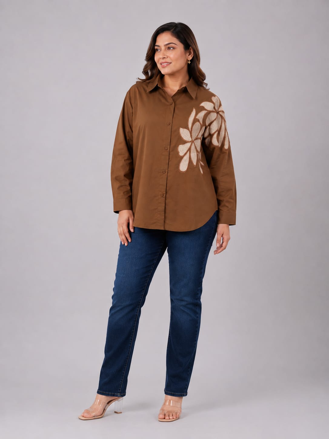 Designer Embroidered Applique Long-Sleeve Shirt for Women