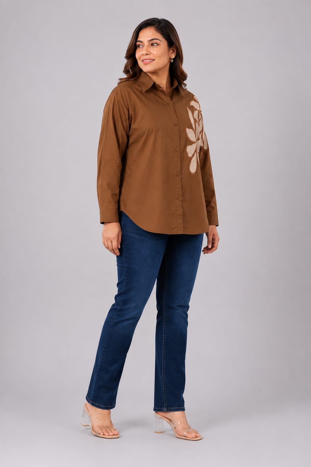 Designer Embroidered Applique Long-Sleeve Shirt for Women