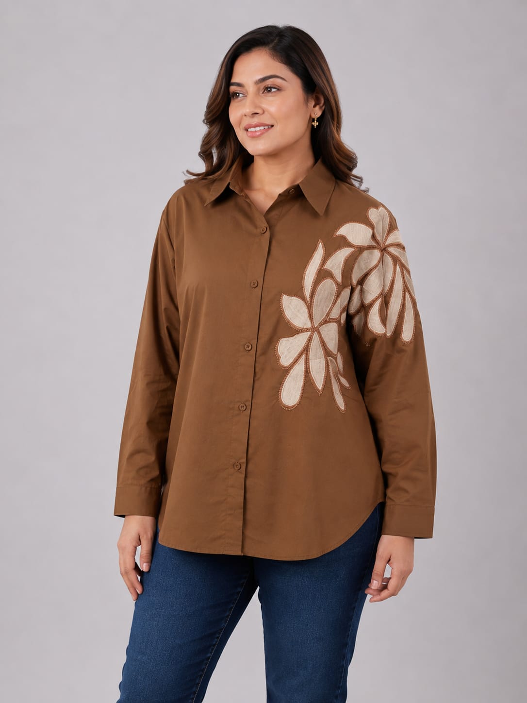 Designer Embroidered Applique Long-Sleeve Shirt for Women