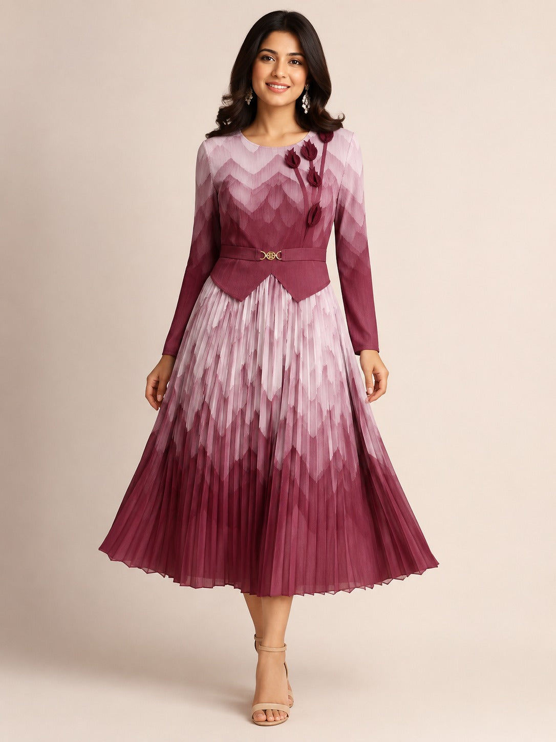 Elegant Button-Down Pleated Midi Dress with Belt