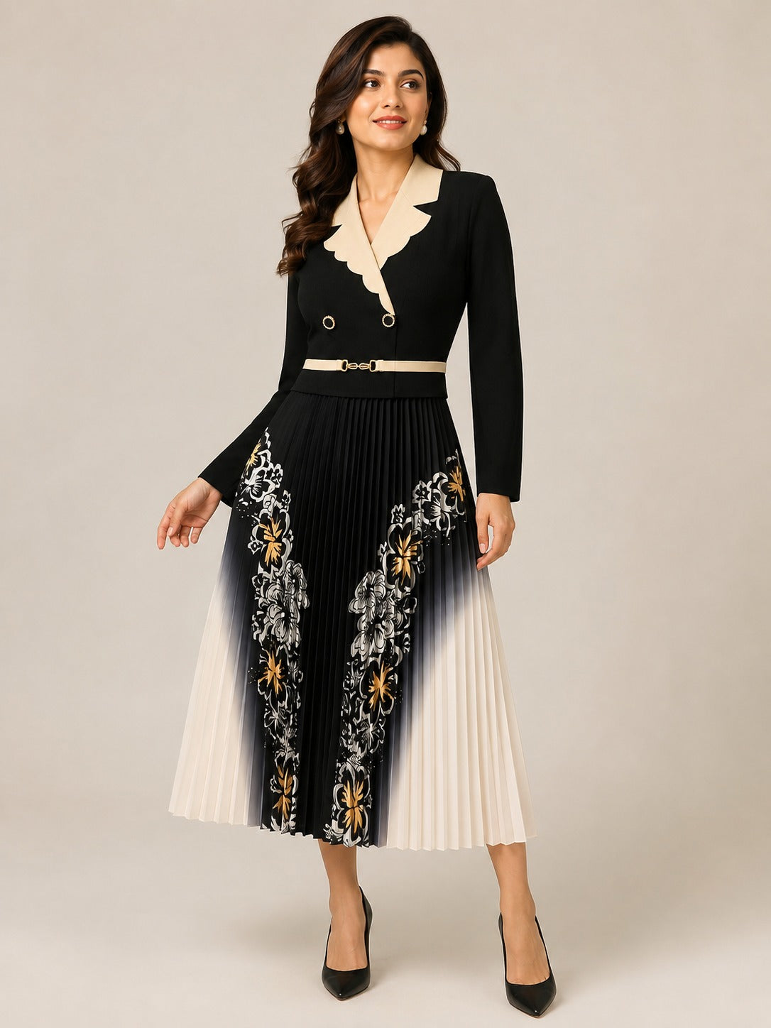 Elegant Button-Down Pleated Midi Dress with Belt
