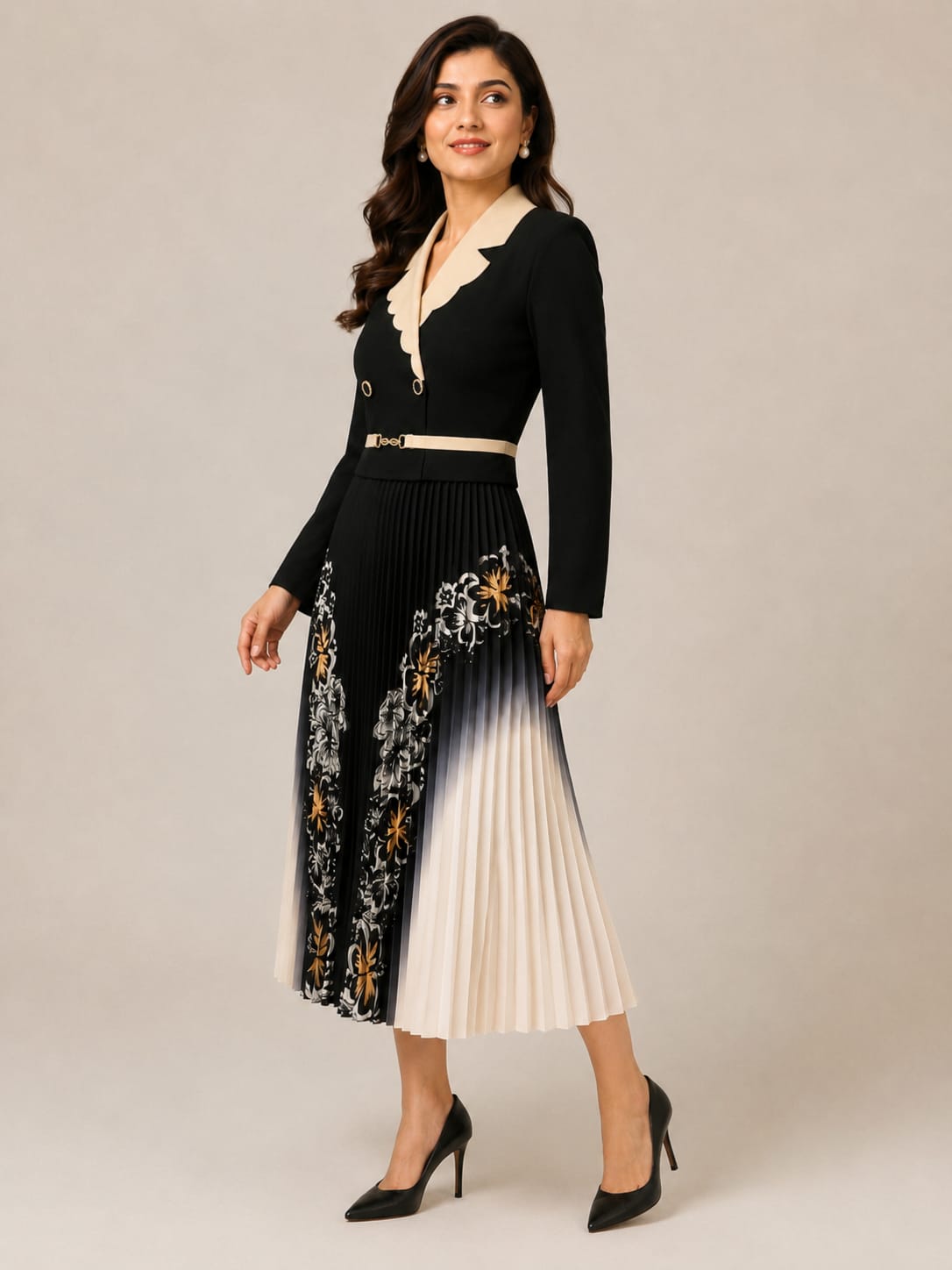 Elegant Button-Down Pleated Midi Dress with Belt