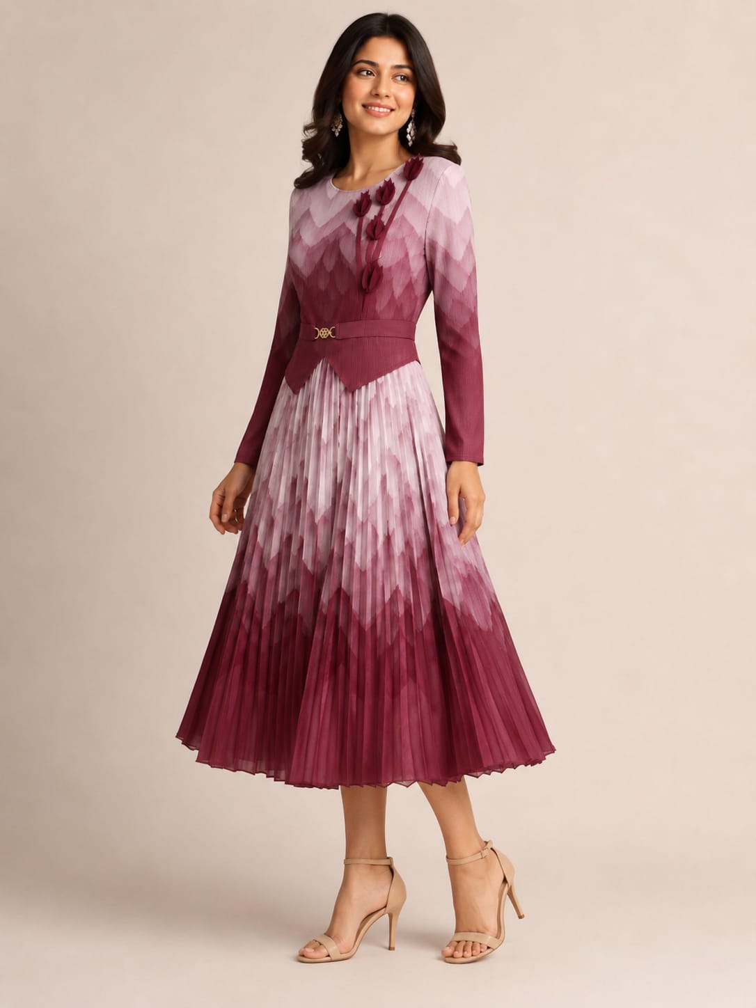 Elegant Button-Down Pleated Midi Dress with Belt