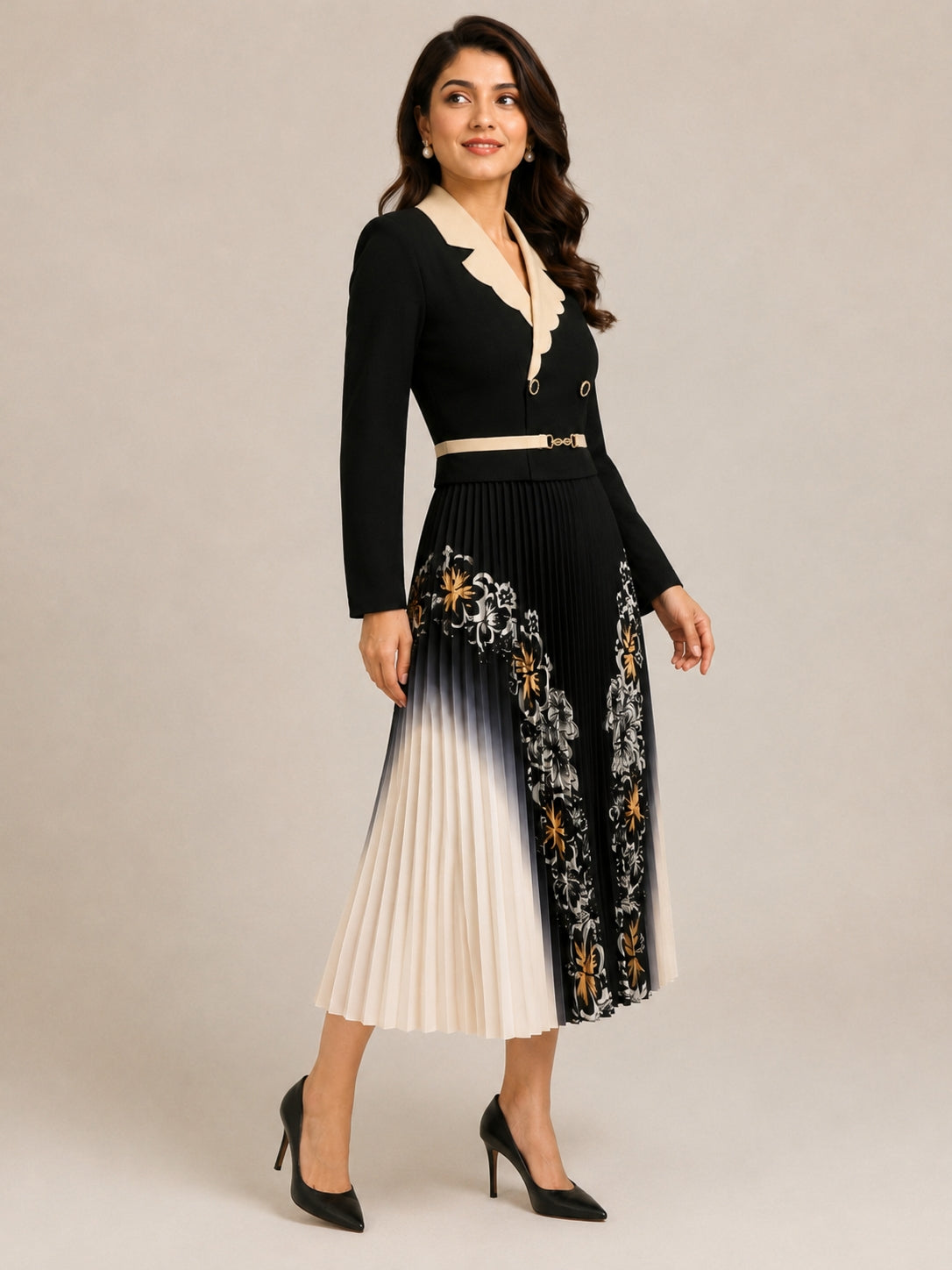 Elegant Button-Down Pleated Midi Dress with Belt