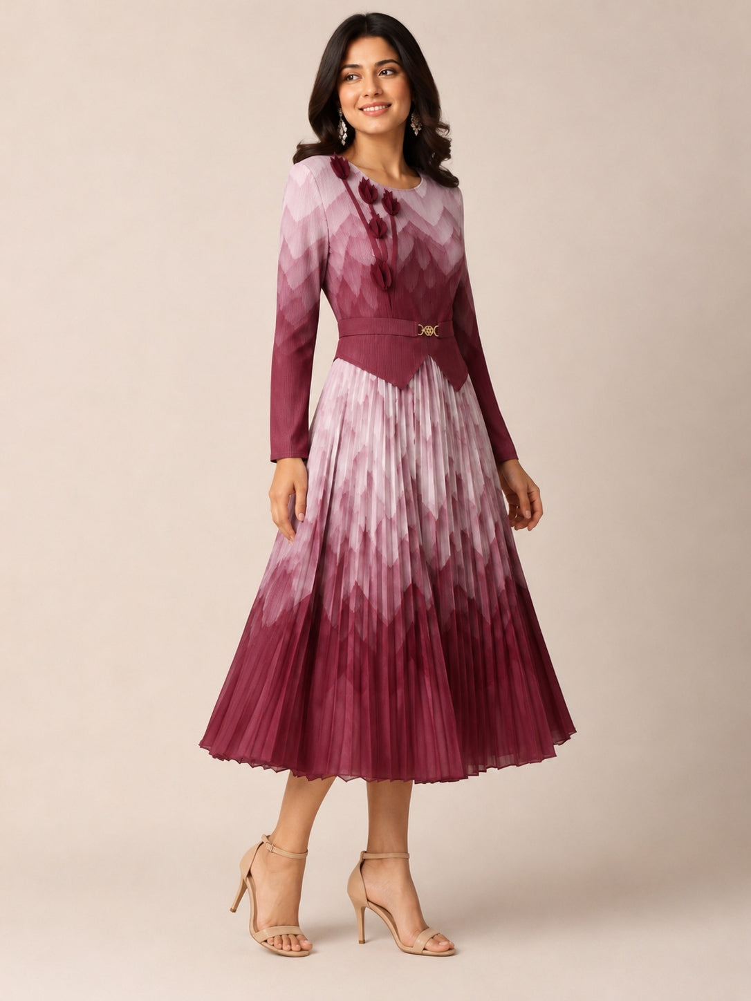 Elegant Button-Down Pleated Midi Dress with Belt