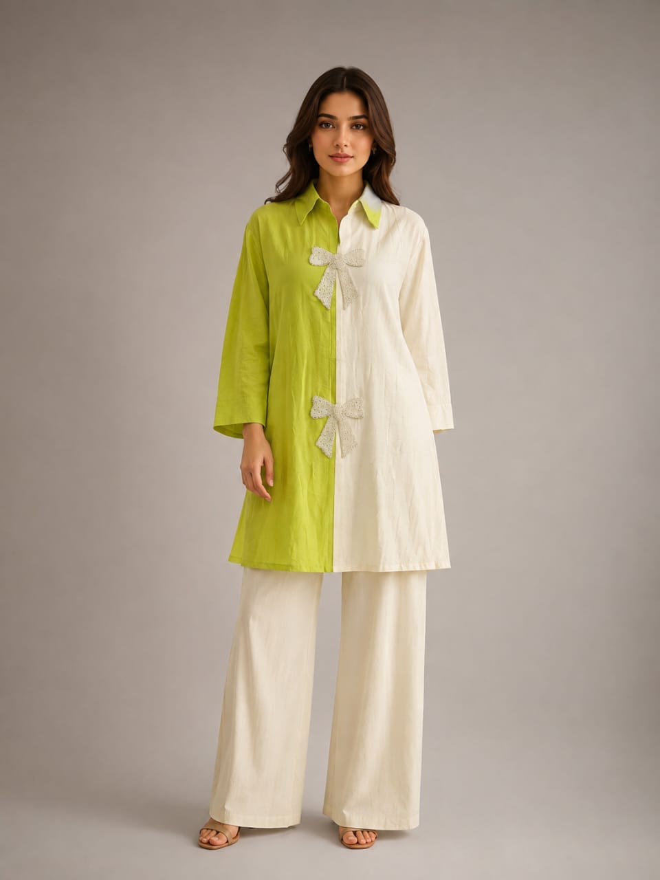 Two-Tone Split Tunic Top with Lace Bow Applique