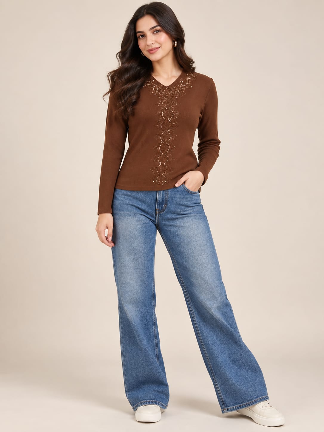 Brown V Neck Embroidered Top