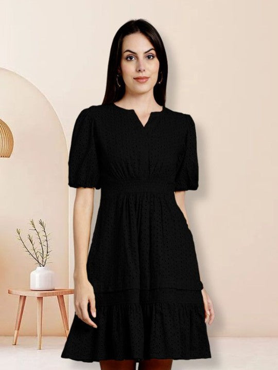 Schiffli Puff Sleeve Smocked Pure Cotton Fit & Flare Dress
