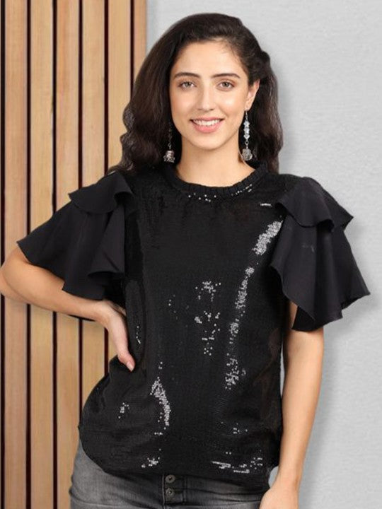 Women Embellished Flutter Sleeve Crepe Top