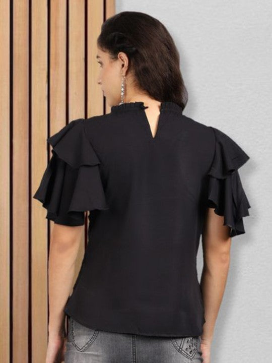 Women Embellished Flutter Sleeve Crepe Top