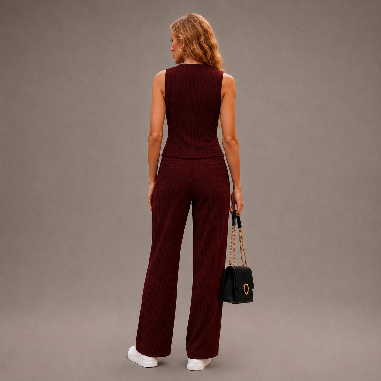 Women's Beige Ribbed Sleeveless Waistcoat Co-Ord Set with Wide Leg Trousers