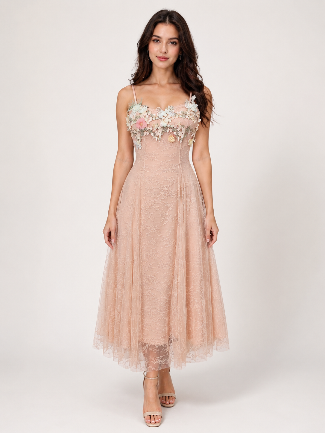 Blush Pink Floral Appliqué Lace Midi Dress for Women | Elegant Party & Evening Dress