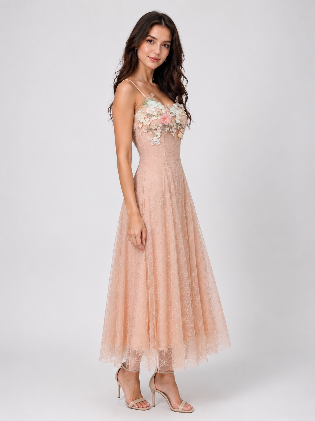 Blush Pink Floral Appliqué Lace Midi Dress for Women | Elegant Party & Evening Dress