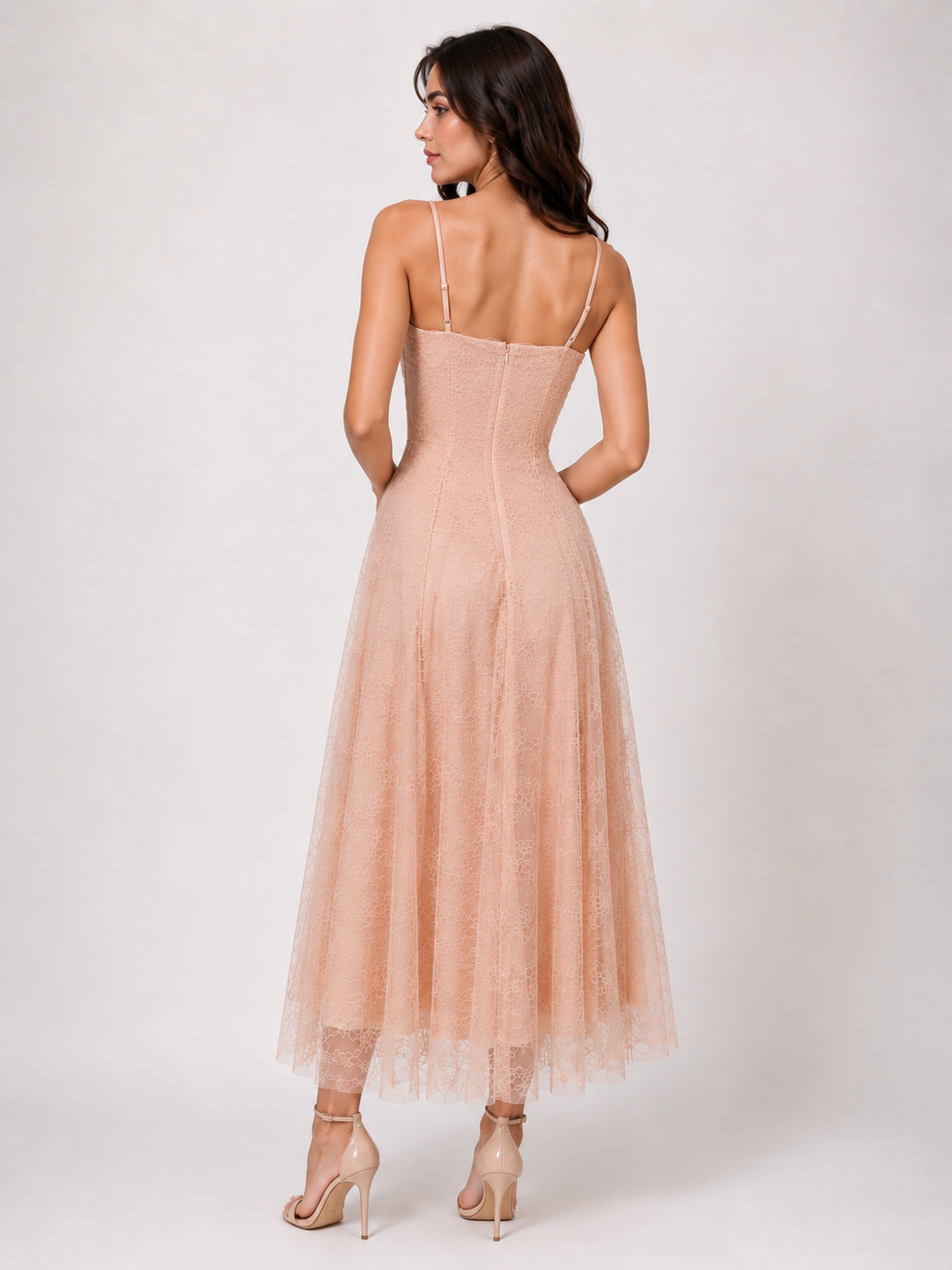 Blush Pink Floral Appliqué Lace Midi Dress for Women | Elegant Party & Evening Dress