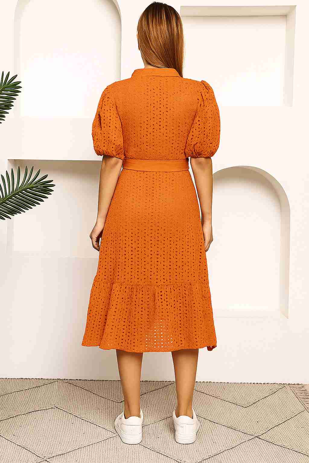 Women Embroidered Puff Sleeve Shirt Midi Dress