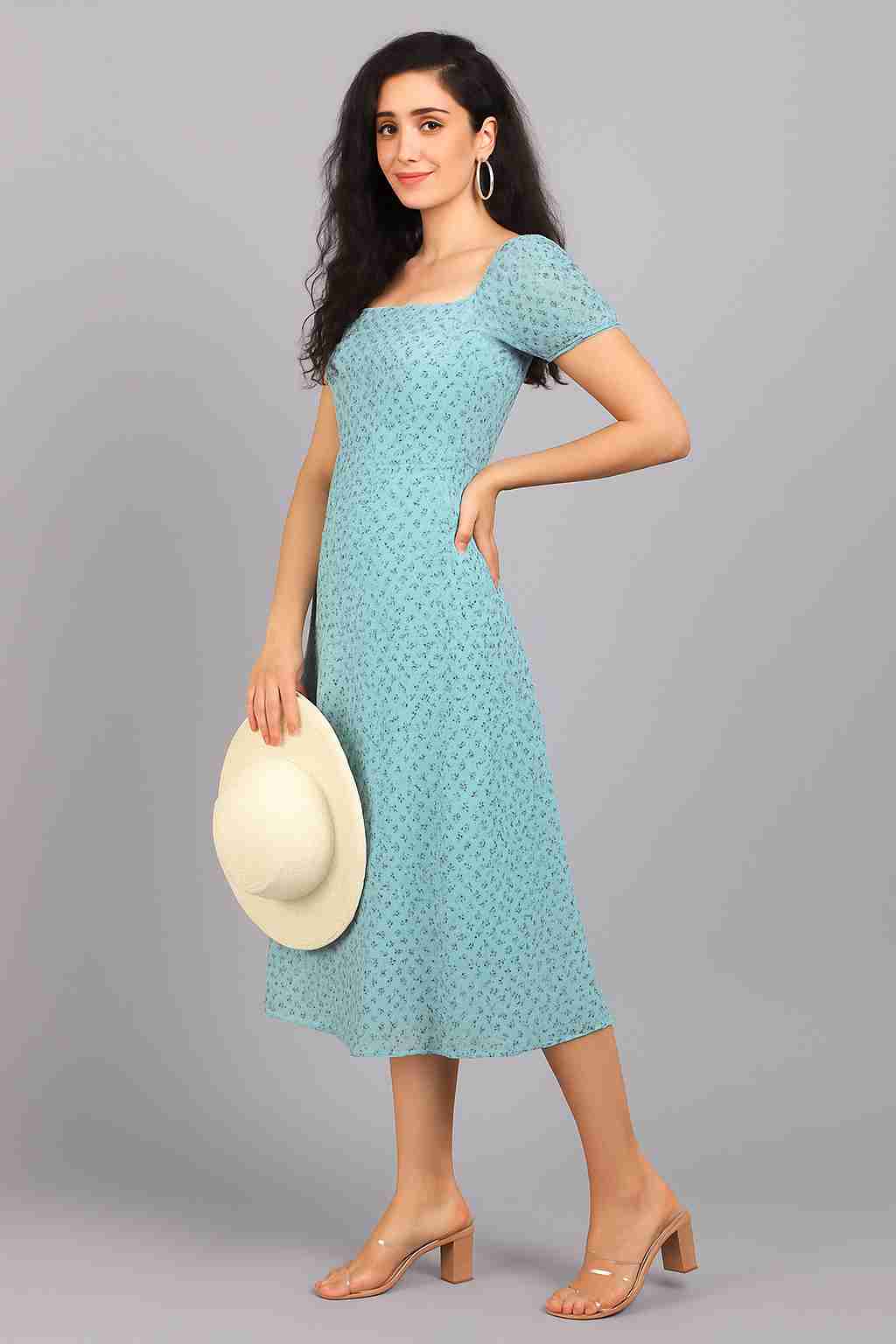 Sea Green Ethnic Motifs Georgette A-Line Midi Dress