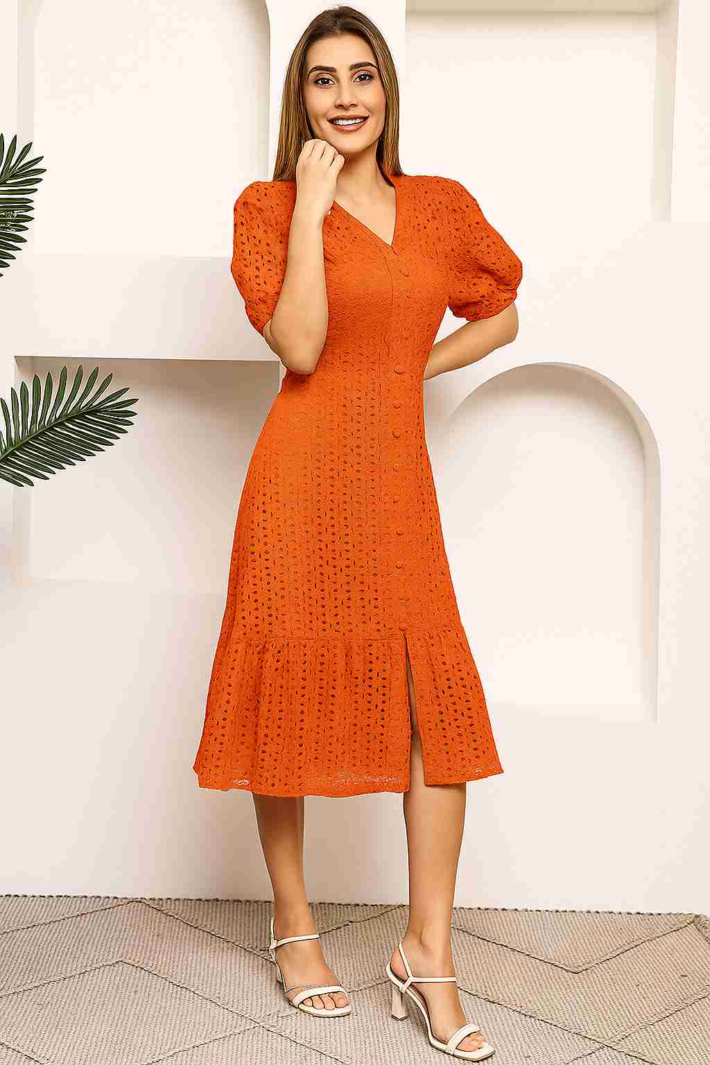 Women Embroidered Puff Sleeve Shirt Midi Dress