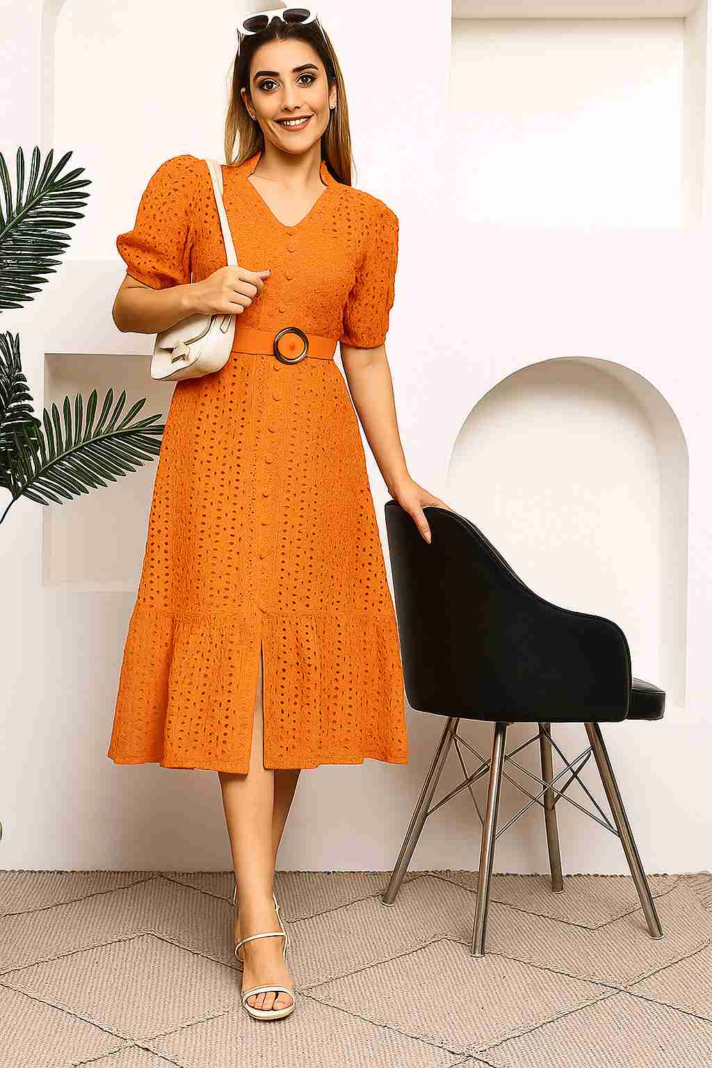 Women Embroidered Puff Sleeve Shirt Midi Dress