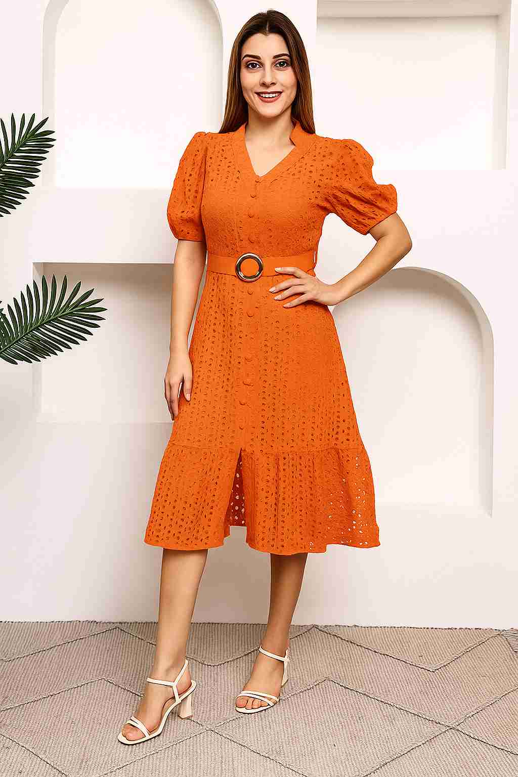 Women Embroidered Puff Sleeve Shirt Midi Dress