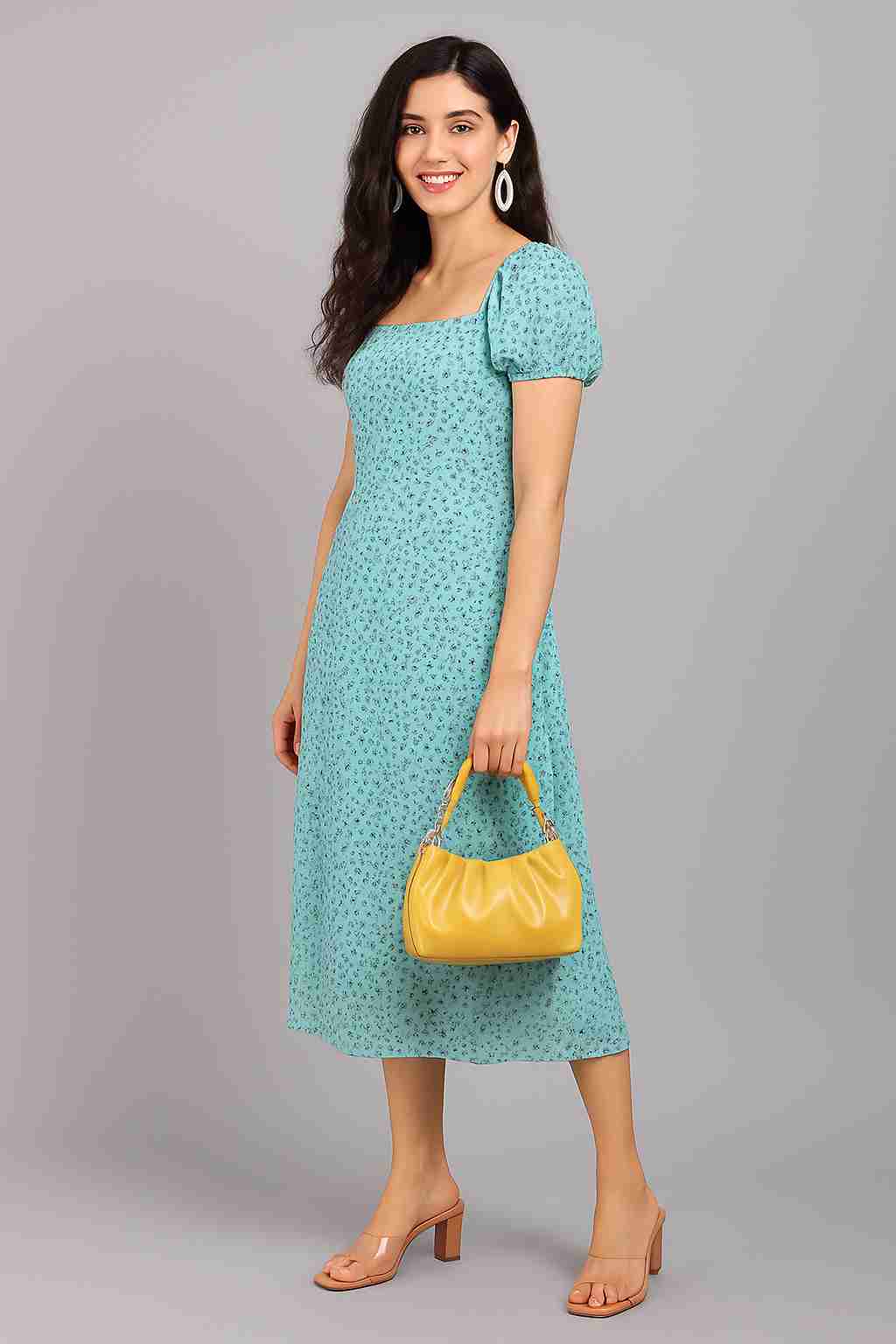 Sea Green Ethnic Motifs Georgette A-Line Midi Dress