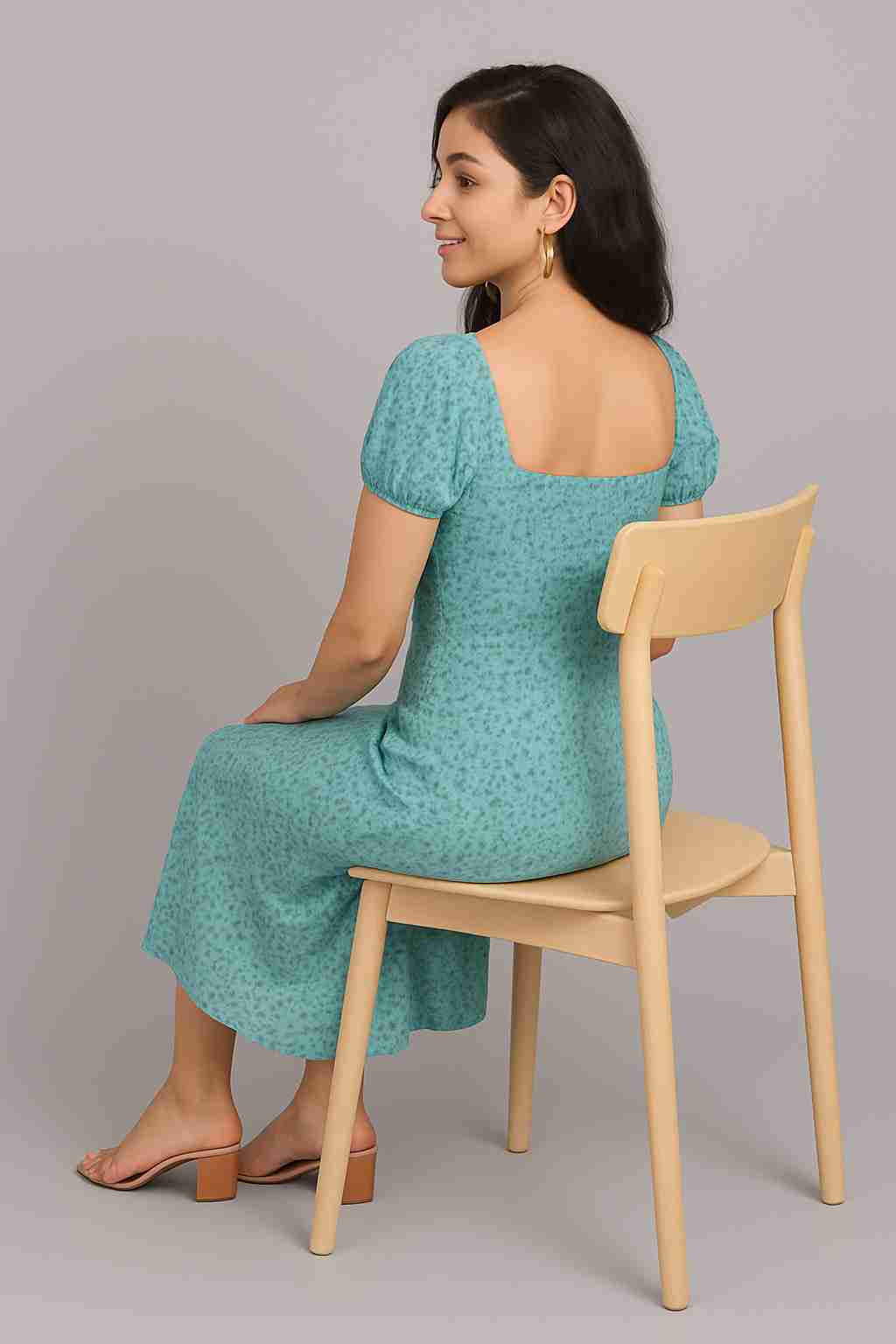 Sea Green Ethnic Motifs Georgette A-Line Midi Dress