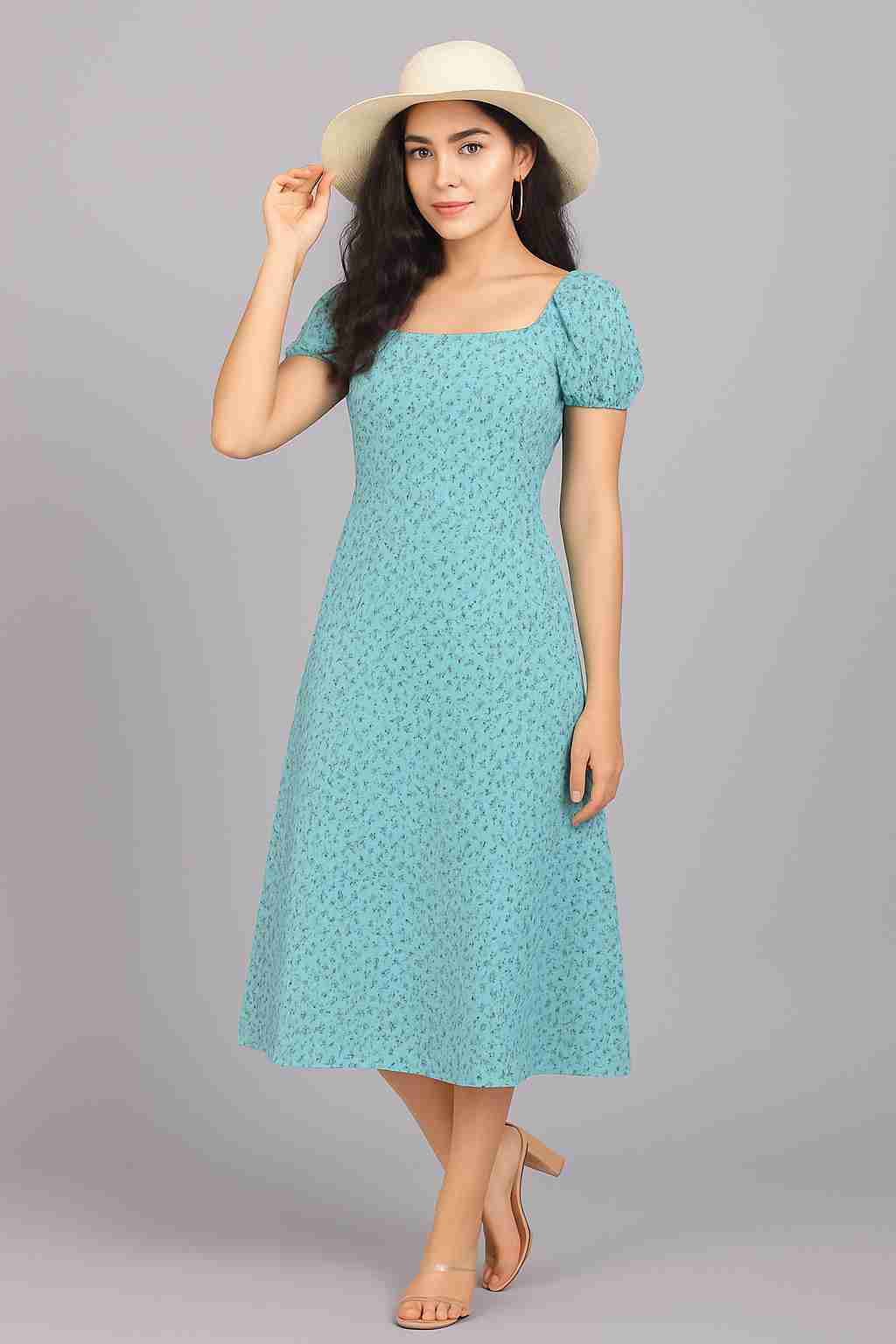 Sea Green Ethnic Motifs Georgette A-Line Midi Dress