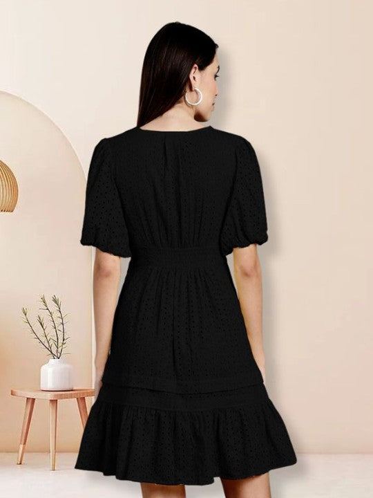 Schiffli Puff Sleeve Smocked Pure Cotton Fit & Flare Dress