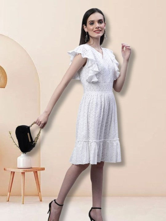 Women Embroidered Flared Sleeve Fit & Flare Cotton 2774 WHITE Dress