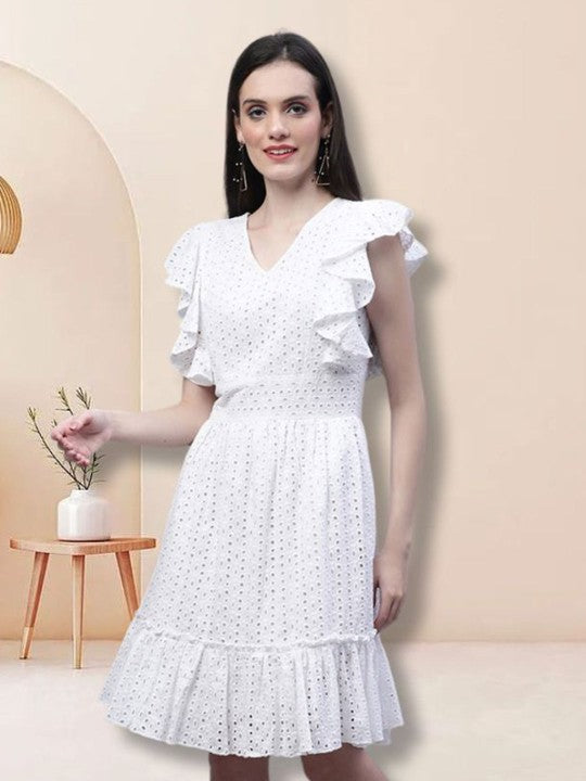 Women Embroidered Flared Sleeve Fit & Flare Cotton 2774 WHITE Dress