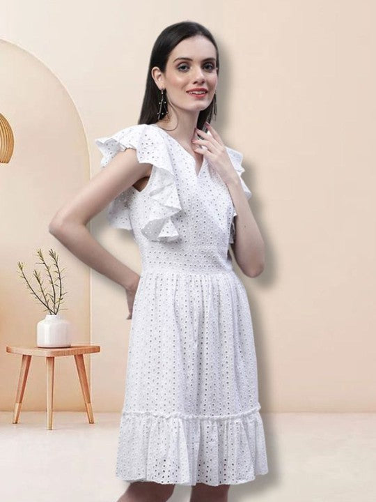 Women Embroidered Flared Sleeve Fit & Flare Cotton 2774 WHITE Dress