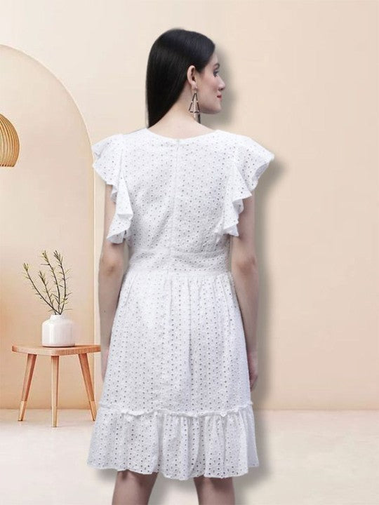 Women Embroidered Flared Sleeve Fit & Flare Cotton 2774 WHITE Dress